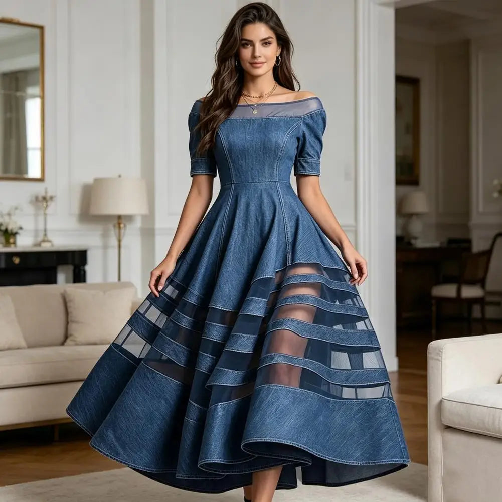 Women's Denim Dress Trendy Off Shoulder Dress Mesh Patchwork Short Sleeve A-line Swing Dress Summer Travel Vacation Long Dresses