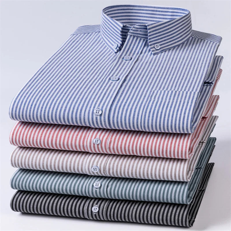 New Fashion Men's Oxford Shirts Long Sleeves Cotton Stripe Thin Soft Regular Fit Formal Shirt Pocket Social Blouse Male Clothing