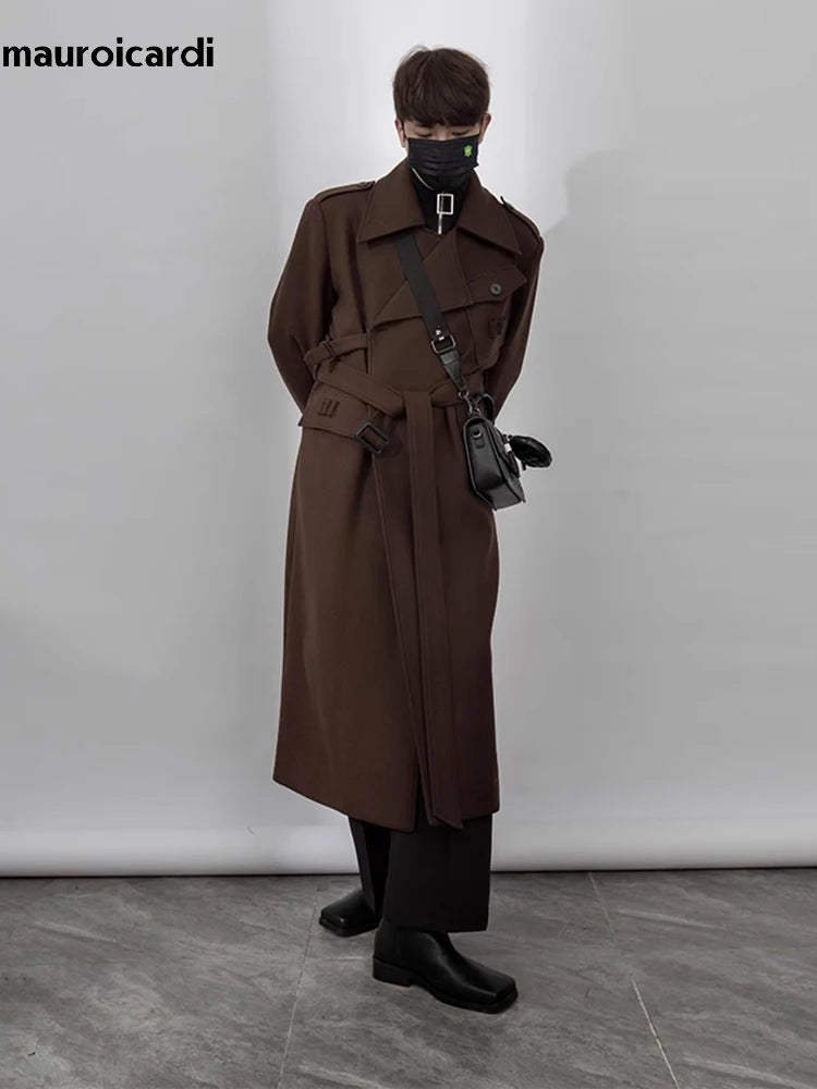 Mauroicardi Autumn Winter Cool Elegant Long Warm Black Woolen Trench Coat Men Belt Luxury Designer Clothes Wool Blends Overcoat