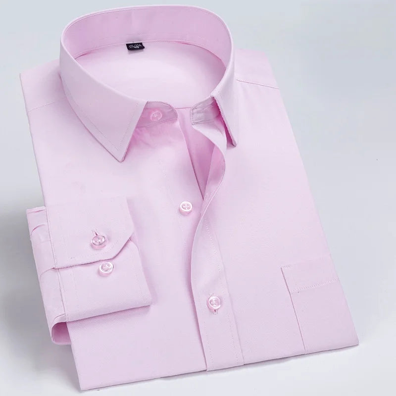 Business Dress Shirt Men's Long-sleeve Autumn Spring Fashion Solid Casual Formal White Work Office Simple Basic Man Clothe S-7XL