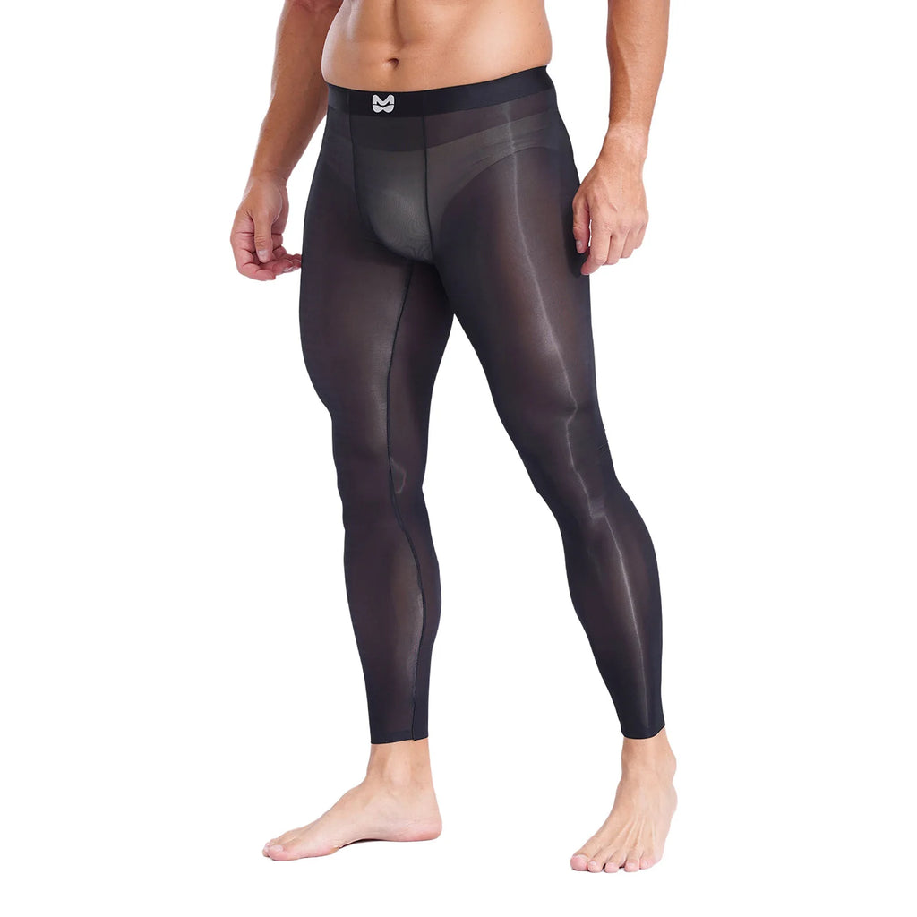 Mens Stretchy Compression Pants Skinny Sweatpants See Through Bulge Pouch Tights Ice Silky Yoga Gym Fitness Leggings Underwear