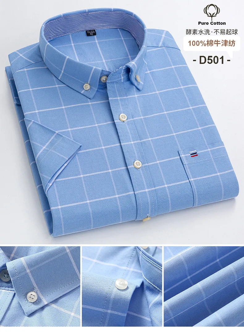 100%Pure Cotton Oxford Men's Shirts Short Sleeve Plaid Soft Regular Fit Formal Dress Shirt Social Blouse Male Clothes 6XL 7XL