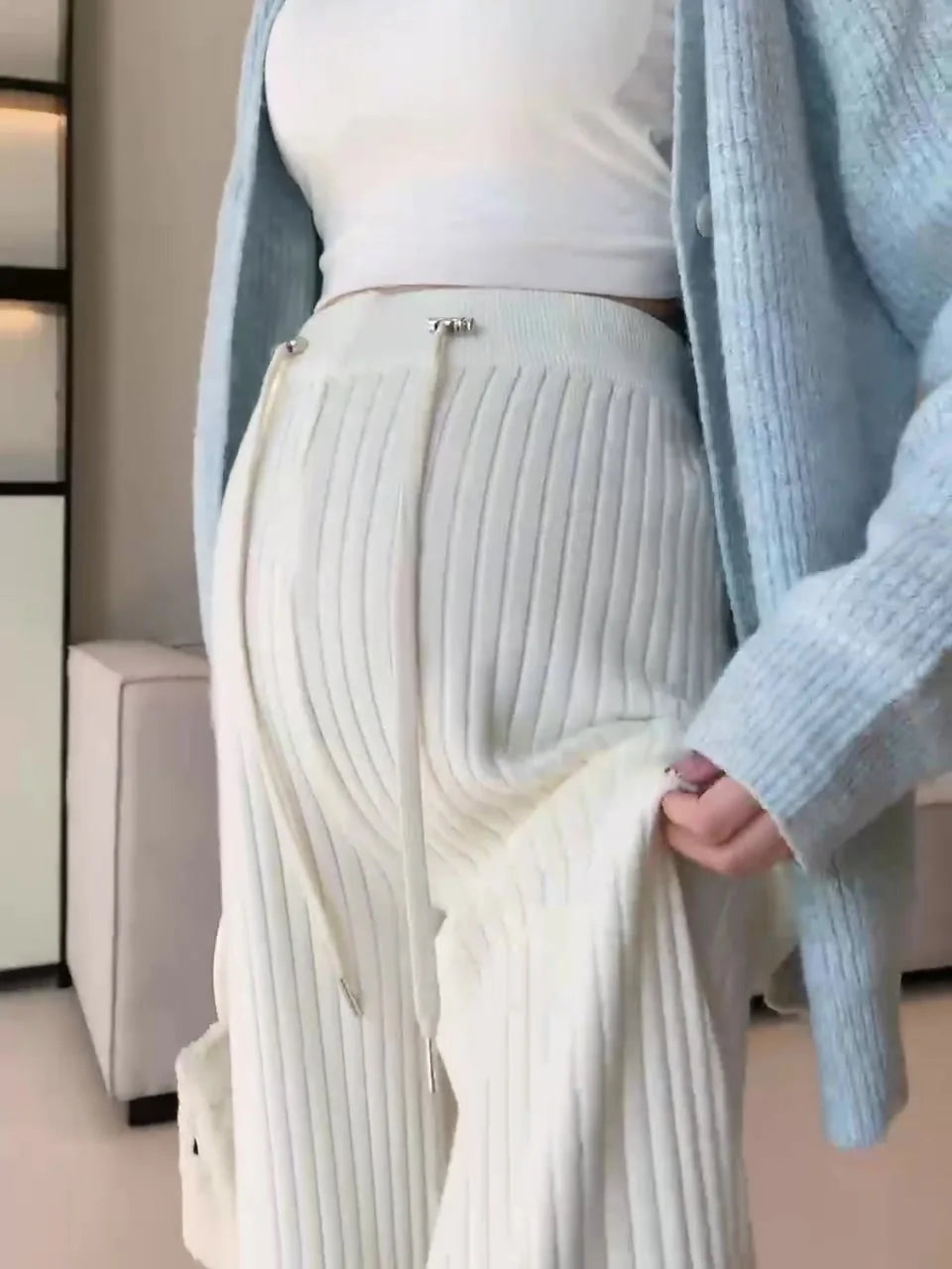 Pregnant Women's Pants Autumn Winter Maternity Knitted Pit Stripe Straight Leg Wide Leg Pants Casual Floor Pants Youth Pregnancy