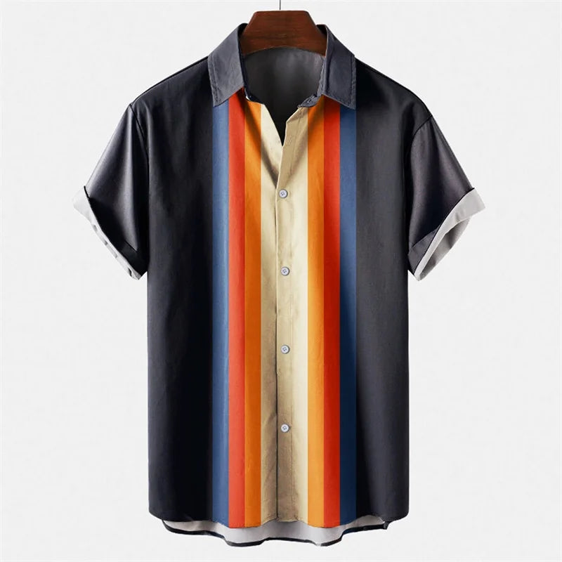 Mens Hawaiian 3d Stripe Print Shirt Harajuku Summer Fashion Short Sleeves Casual Beach Vacation Button Loose Aloha Shirts