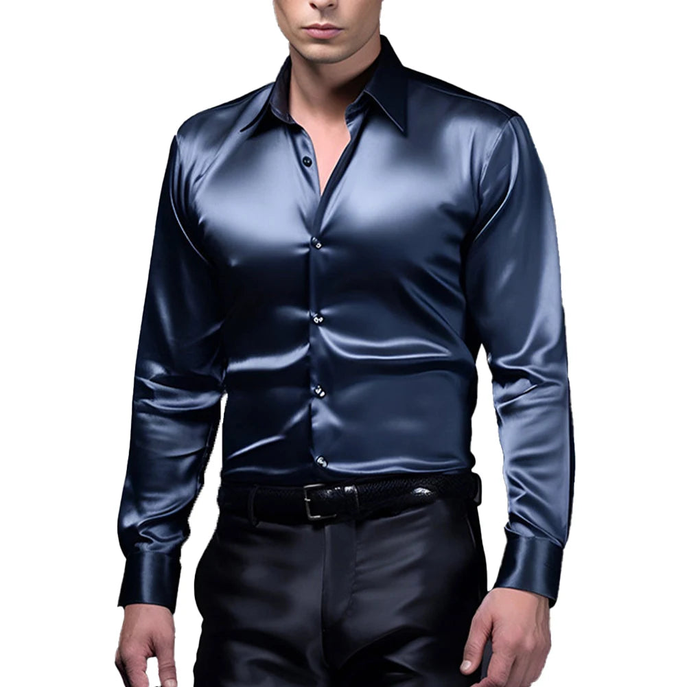 Men's Casual Satin Silk Shirts Single Breasted Button Lapel Collar Dress Shirt Slim Fit Fashion Party Long Sleeve Tops Clothing