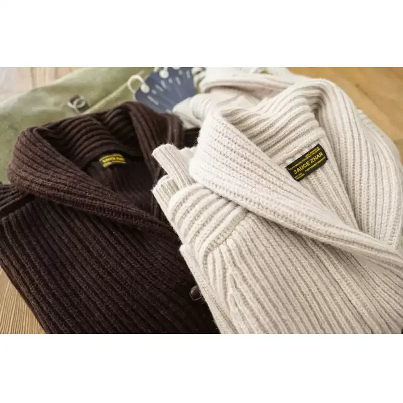 Sauce Zhan Mens Sweater Cardigans for Man Sweatercost Pure Heavy Sheep Wool for Winter Vintage Shawl Colla Slim Fit