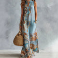 Elegant Sleeveless Long Dress for Women Digital Print Turndown Collar Single-breasted Dresses Flowy Casual Boho Summer Vestido
