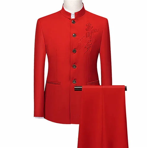 Men's White Single Breasted Stand Up Collar Suit 2-Piece, Chinese Style Red Slim-Fit Blazer Coat and Pants, Black, Blue, Yellow.