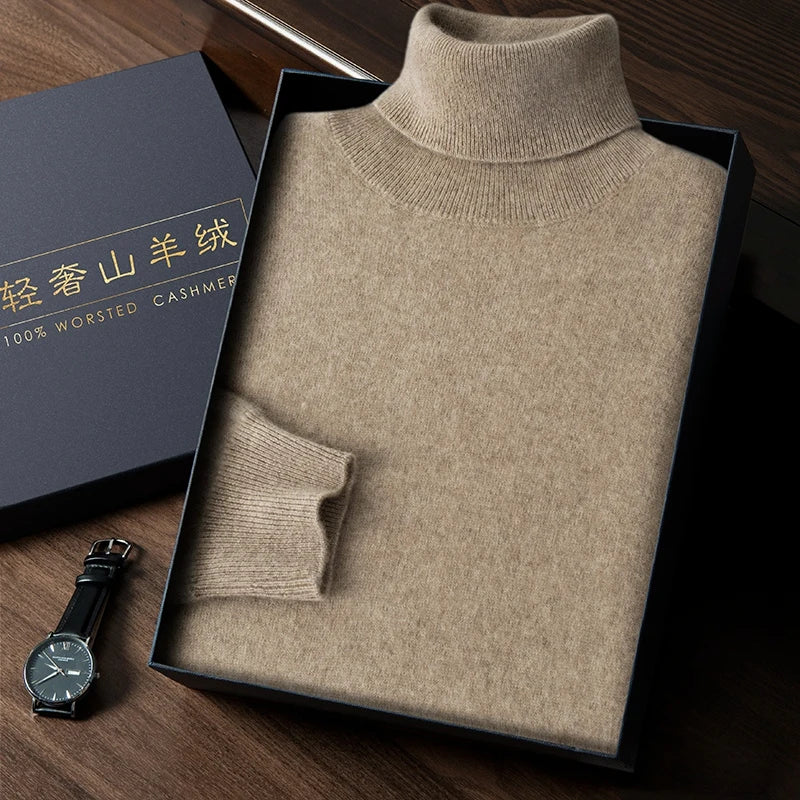 Turtleneck 100% Cashmere Sweater Men Pullover Knitwear Basic Style Autumn Winter Clothes High-end Soft Business Office Tops