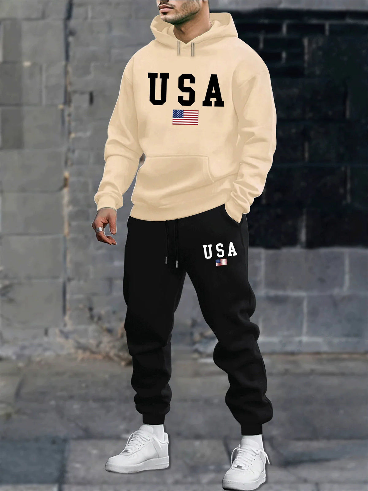 Men's autumn and winter casual fashion warm American flag USA pattern print loose plush thick hooded sweatshirt+sweatpants set