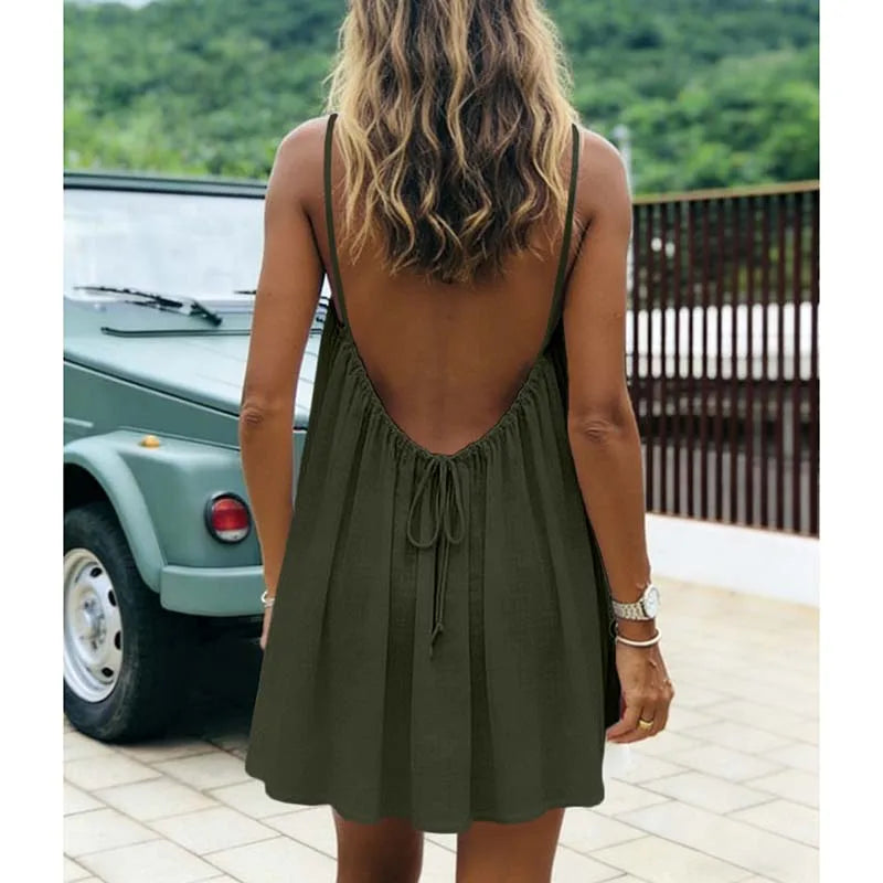 Women's Dress 2026 Summer Arrival Solid Color Fine Strap Flowing A-Line Skirt Casual Vacation Style with Elegant Backless Design