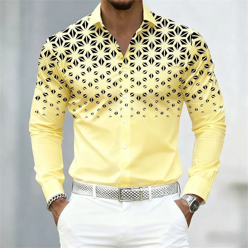 17 Colors of Men's Shirts, Fashionable Geometric Pattern Print Long Sleeve Shirts, Personalized Trendy Slim Lapel Casual Shirts
