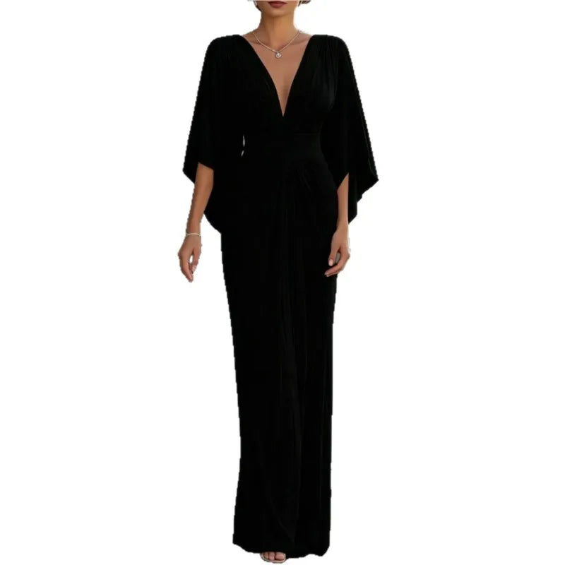 Elegant Evening Party Dress For Woman Simple Solid Color Deep V-neck High Waisted Vestidos Fashion Batwing Sleeve Long Dresses