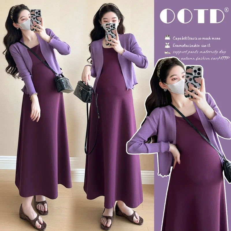 Maternity Clothes Spring Summer Elegant Purple Square Neck Sleeveless Dress And Long Sleeve Knit Cardigan For Pregnant Women