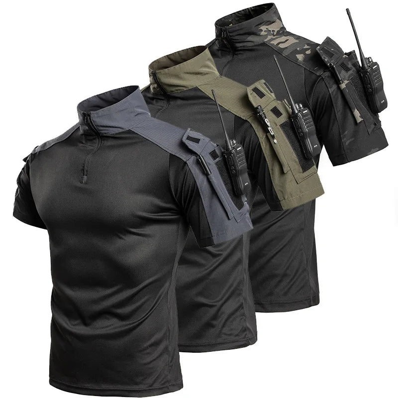 Summer Breathable Quick Dry Mens Tactical Combat Short Sleeve T-Shirts Half Zip Stand Collar Radio Pen Storage Arm Pocket Tee