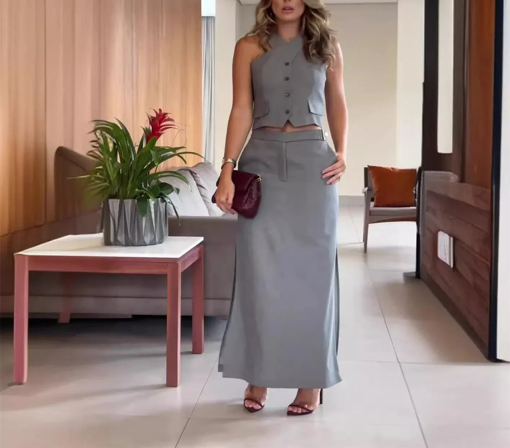 Elegant Dress Sets for Women Fashion Sleevelees Crop Vest and High Waist Maxi Skirts Two Pieces Office Ladies Temperament Outfit