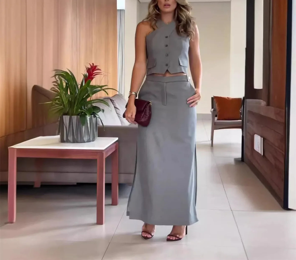 Elegant Dress Sets for Women Fashion Sleevelees Crop Vest and High Waist Maxi Skirts Two Pieces Office Ladies Temperament Outfit