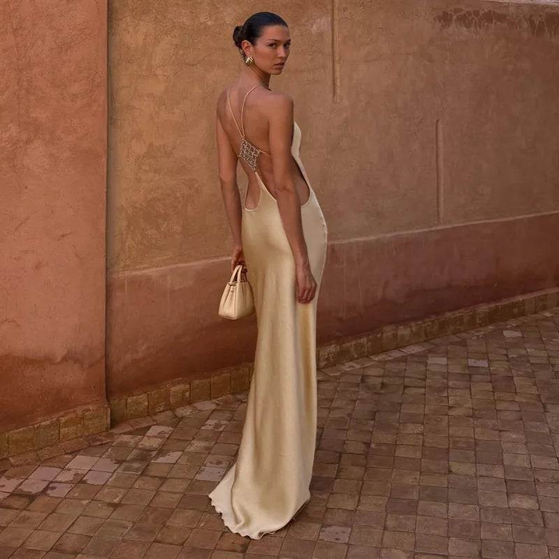 Vacation Women's Casual Dresses Sexy Socialite Style Long Dress Rhinestone Decor Slim Solid Backless Women's Gowns