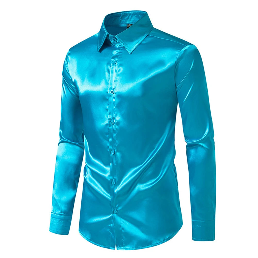 Men's Casual Satin Silk Shirts Single Breasted Button Lapel Collar Dress Shirt Slim Fit Fashion Party Long Sleeve Tops Clothing