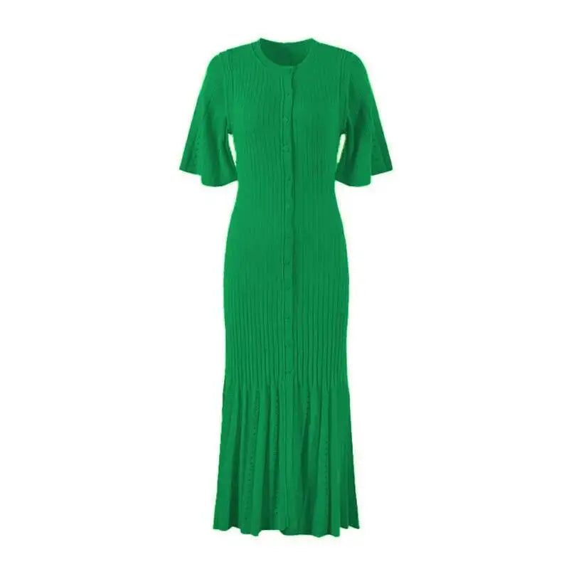 Elegant Knit Dress For Women White Slim O-neck Single Breasted Short Sleeve Long Dresses Female Spring Fashion Lady Robe T88X