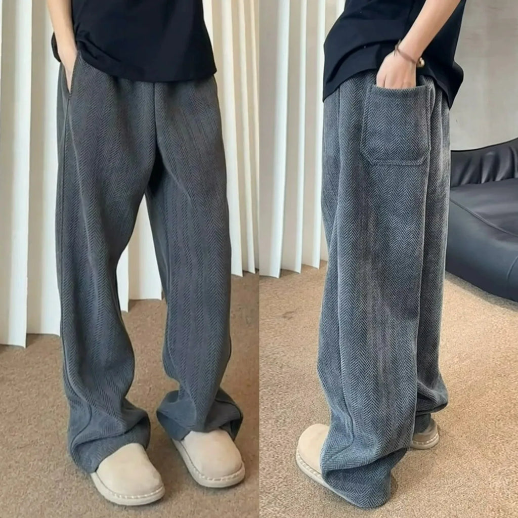 Men's Vintage Fleece-Lined Casual Sweatpants - Loose Straight Fit Heavyweight Thickened Autumn & Winter Japanese Streetwear Bran