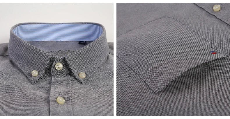 Cotton Oxford Shirt For Men Long Sleeve Plaid Striped Casual Shirts Male Pocket Regular-Fit Button-Down Work Man Dress Shirt