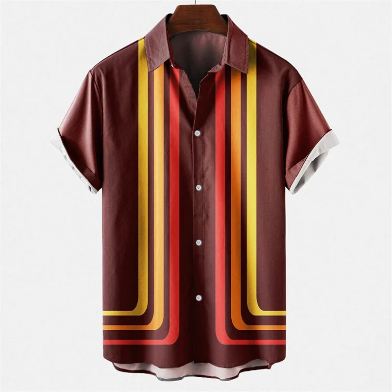 Mens Hawaiian 3d Stripe Print Shirt Harajuku Summer Fashion Short Sleeves Casual Beach Vacation Button Loose Aloha Shirts