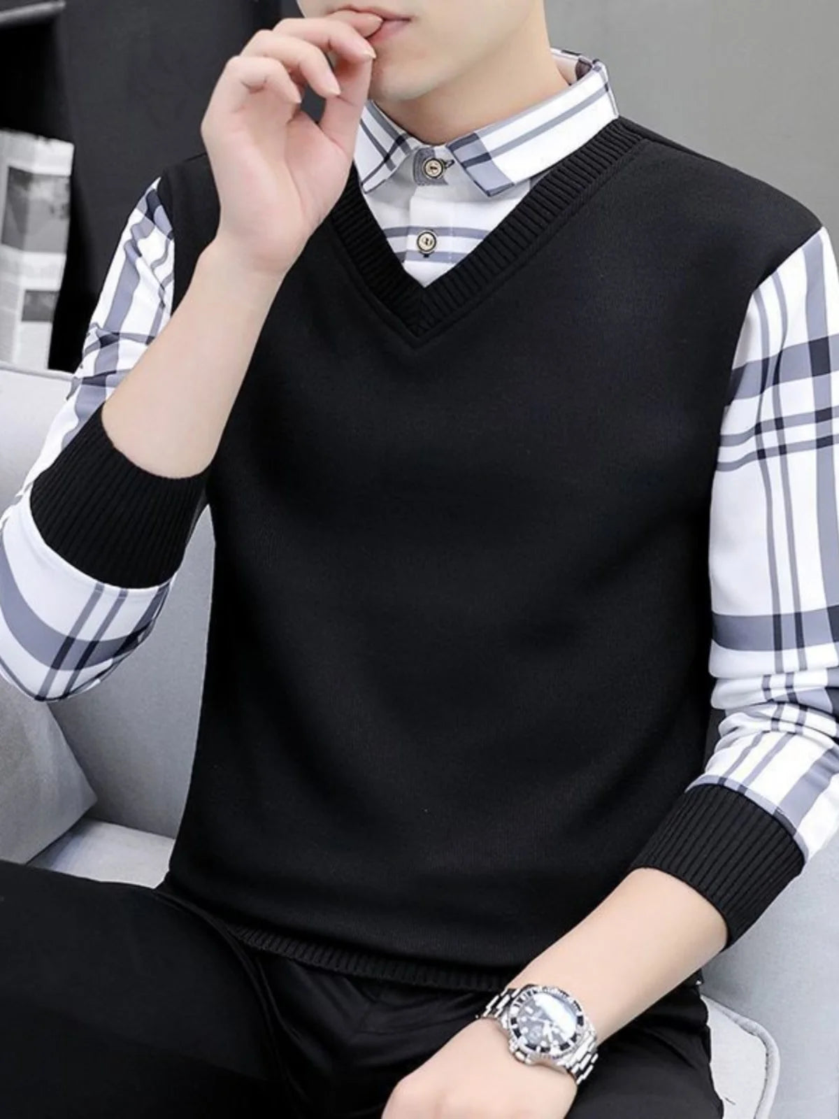 Fashionable Knitted Slim Fit Long Sleeve Shirt Collar Sweater for Men Autumn Outerwear Casual Style Polyester Fiber Youth Fas...