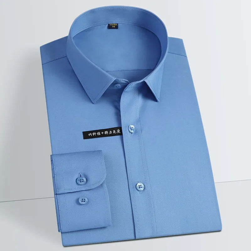 Men's Business Dress Shirts Bamboo Fiber Blend Long Sleeve Solid Color Work Shirt with Lapel Collar Regular Fit for All Seasons