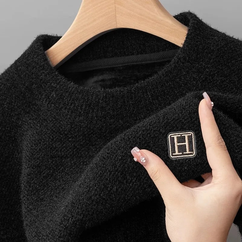 Lightweight Fleece Lined Thickened Sweater Men's Long Sleeve Knit Pullover Sweater Autumn Winter Thermal Warm Classic Sweater
