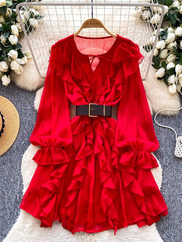 Women  Spring Dress French Elegance Chiffon Ruffle Long Sleeve High-Waist Belted Versatile Office Wear Mid Length Vestidos DS334