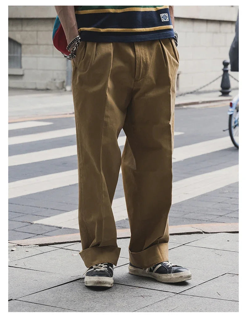 Non Stock Pleated Slacks Summer Spring Relaxed Straight Casual Pants Men Khakis