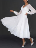 Long Dress Women Wedding V Neck Sexy Full Sleeve High Waist Solid A Line Mid Length Dresses Simple Elegant Gown Vestidos