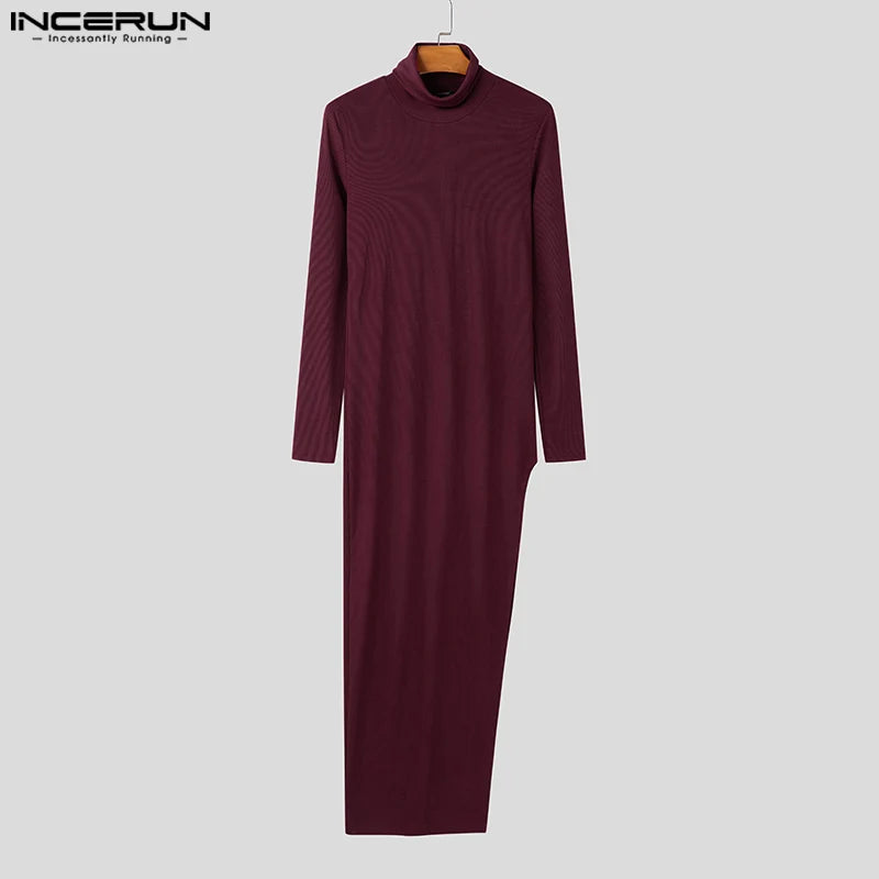 INCERUN Tops 2024 American Style Fashion Men Solid Texture Sweaters Casual Streetwear Hot Sale High Neck Long Sleeved Pullovers