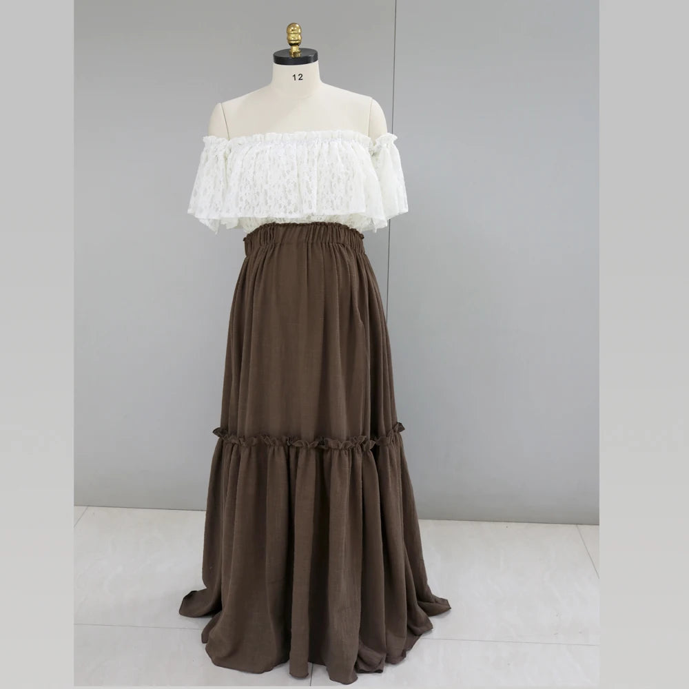 Bohemian Photo Shooting Pregnancy Dress Dual color design Two-Pieces Set Vintage Lace Top and Linen Cotton Skirt Pregnant Women