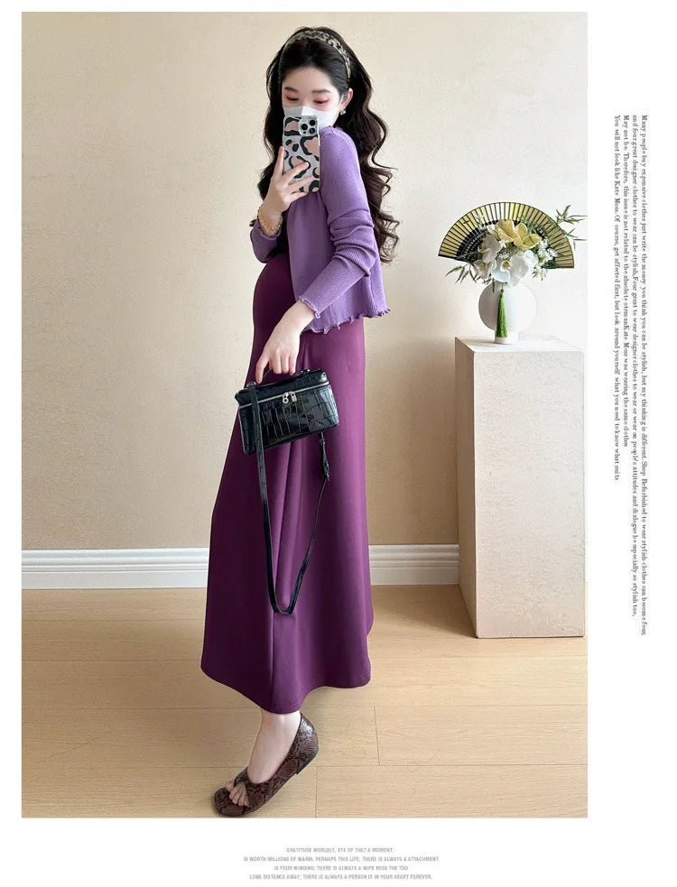Maternity Clothes Spring Summer Elegant Purple Square Neck Sleeveless Dress And Long Sleeve Knit Cardigan For Pregnant Women