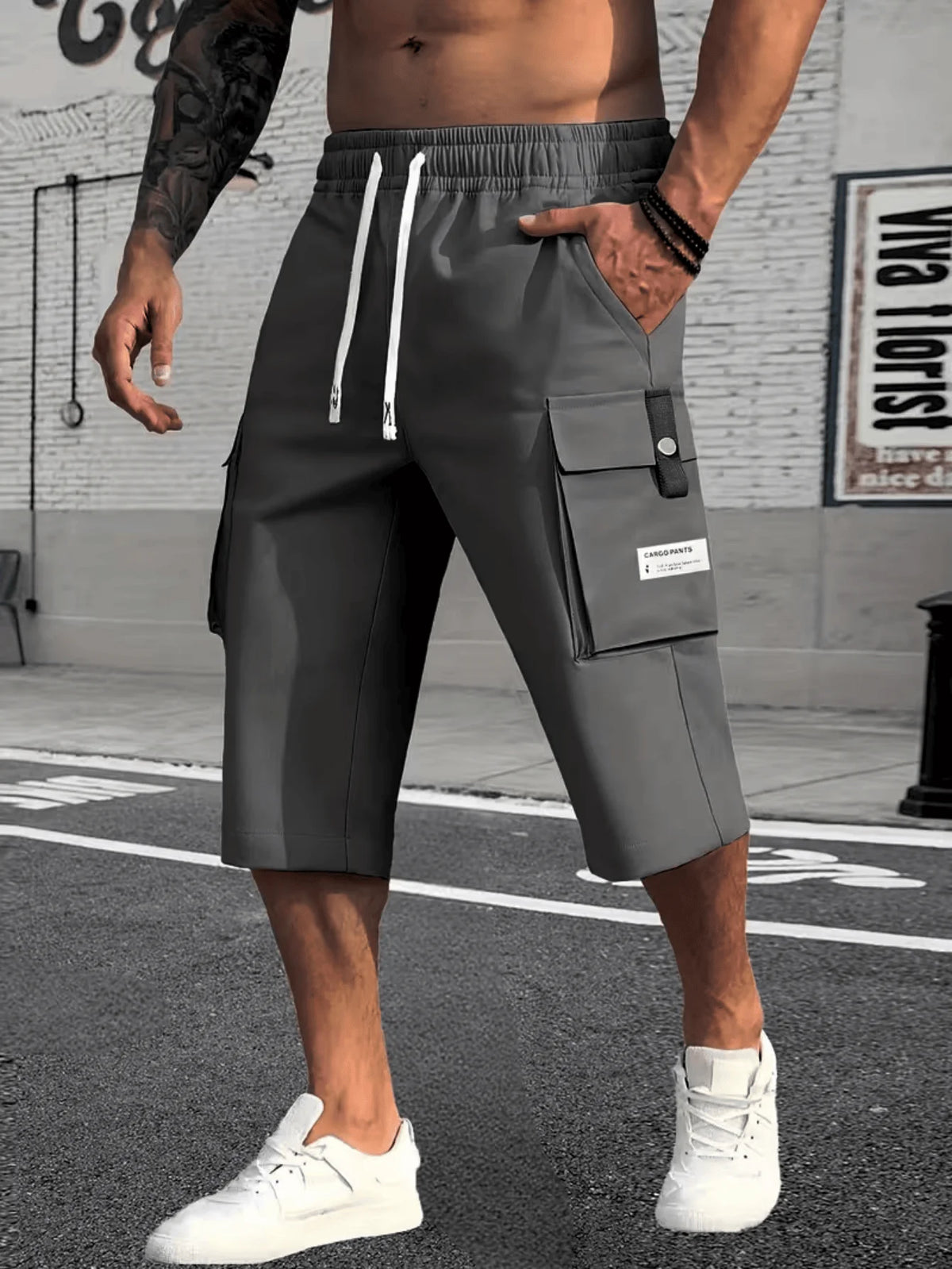 Men's Spring Summer Autumn Three Seasons Seven Inch Work Trousers with Large Capacity Pockets Fashionable Casual