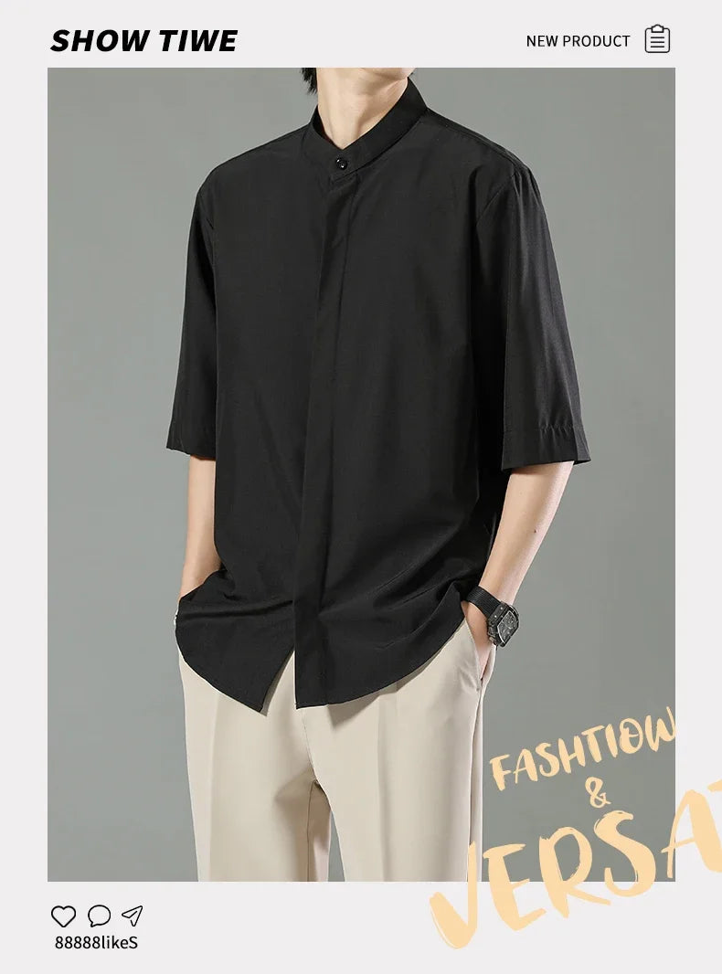 Summer Thin Short-sleeved Shirts Men Japanese Style Loose Stretch Business Casual Shirts Male No-iron Stand Collar Formal Tops