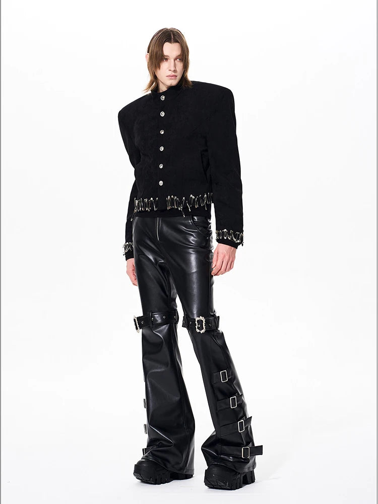 Mauroicardi Spring Autumn Cool Handsome Long Black Pu Leather Flare Pants for Men Rivet Luxury Designer Alternative Emo Clothes