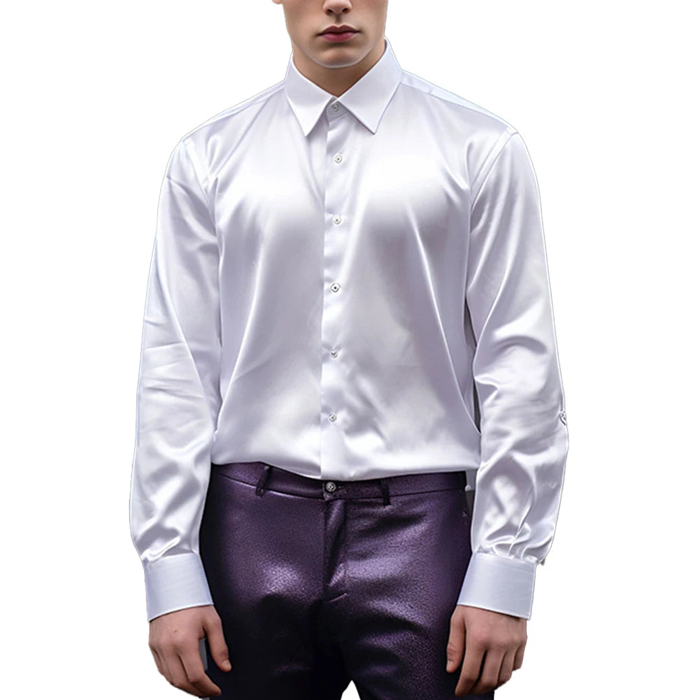 Men's Casual Satin Silk Shirts Single Breasted Button Lapel Collar Dress Shirt Slim Fit Fashion Party Long Sleeve Tops Clothing