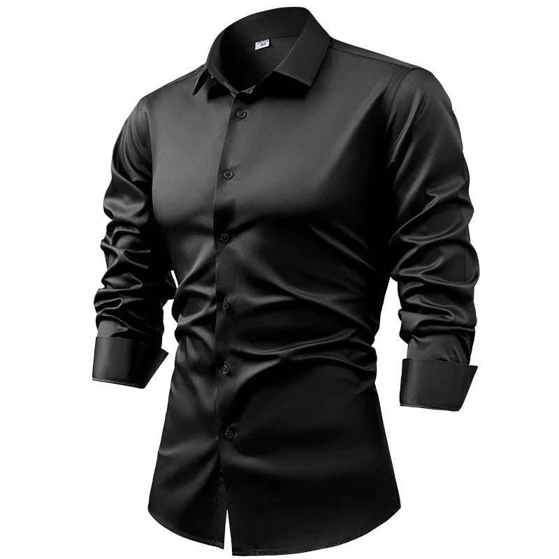 2025 Spring Autumn Royal Blue Silk Satin Long-sleeved Dress Shirts for Men, Navy Blue Business Casual Non-iron Wrinkle Camisas