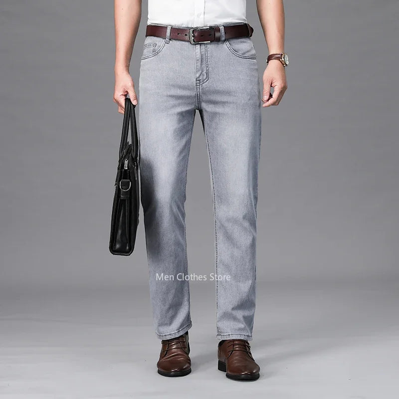 2026 Summer Thin Men's Cotton Jeans New Fashion Gray Elastic Straight Business Casual Pants Comfortable Brand Trousers