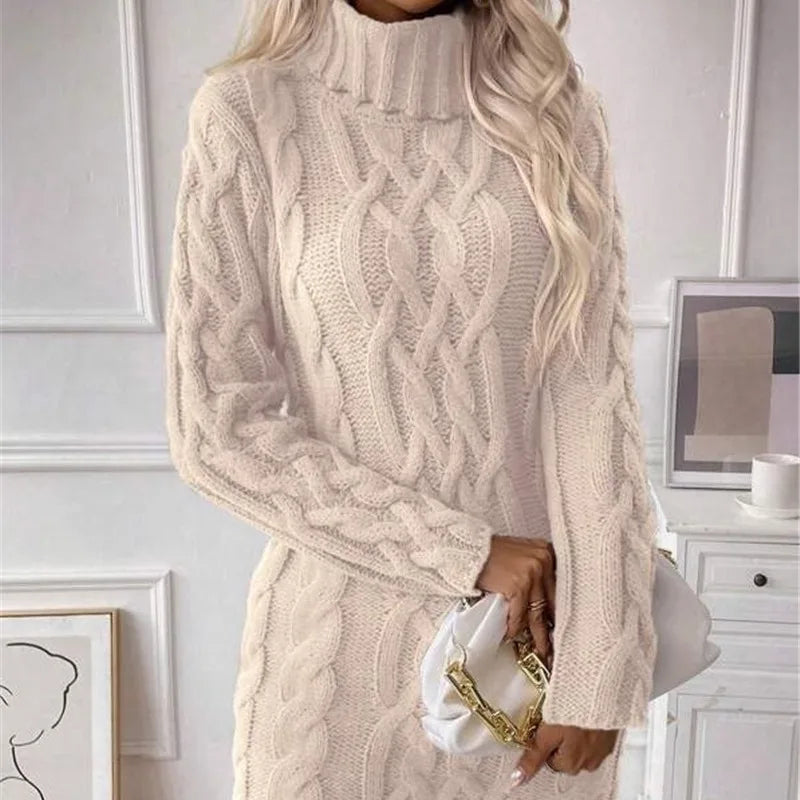 Sweater Dresses Women Autumn Twisted Ribbed Knitted Long Sleeve Turtleneck Mini Casual Solid Dresses Winter Streetwear