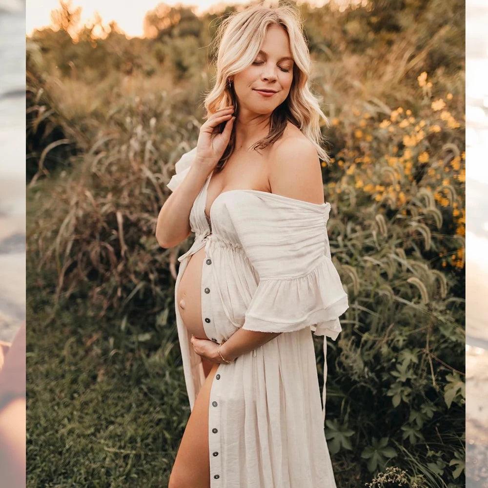Comfortable Linen Cotton Dress For Pregnant Women Waist Drawstring  Beach Skirt Bohemian Photo Shooting Pregnancy Dress