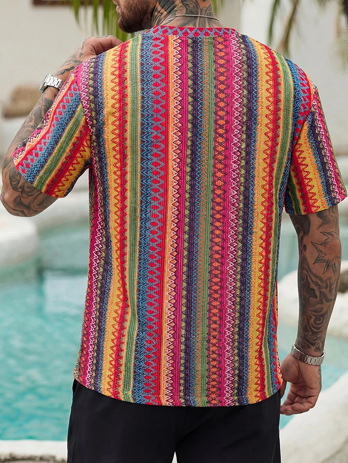 Summer Men's Bohemian Ethnic Jacquard Short-Sleeve T-Shirts, Breathable Knitted Short-Sleeve Shirts for Vacation