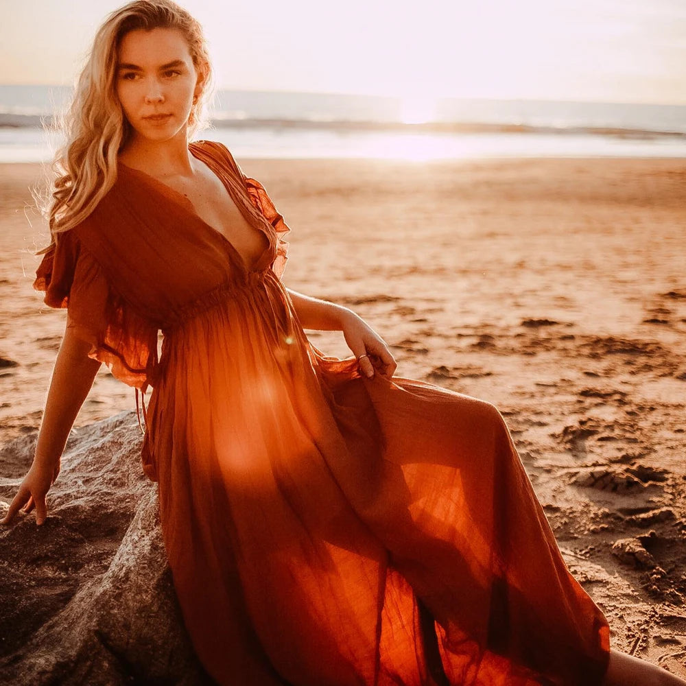Comfortable Linen Cotton Dress For Pregnant Women Waist Drawstring  Beach Skirt Bohemian Photo Shooting Pregnancy Dress