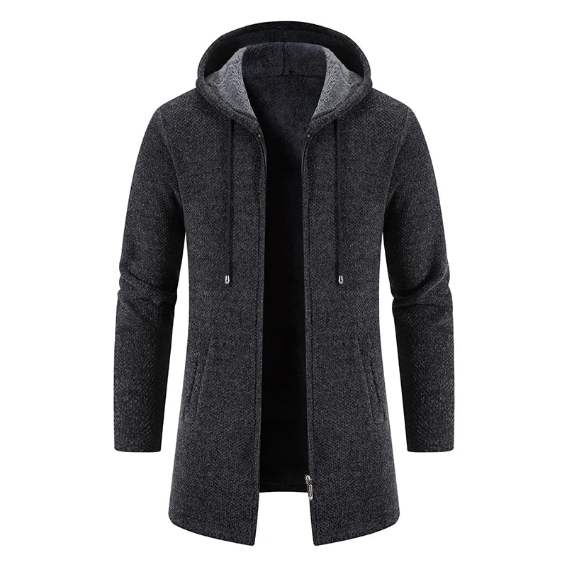 Men Winter Long Trench Coat 2023 Knit Sweater Jacket Fleece Wind Breaker Navy Turn-down Hoodies Zipper Cardigan Male Overcoat