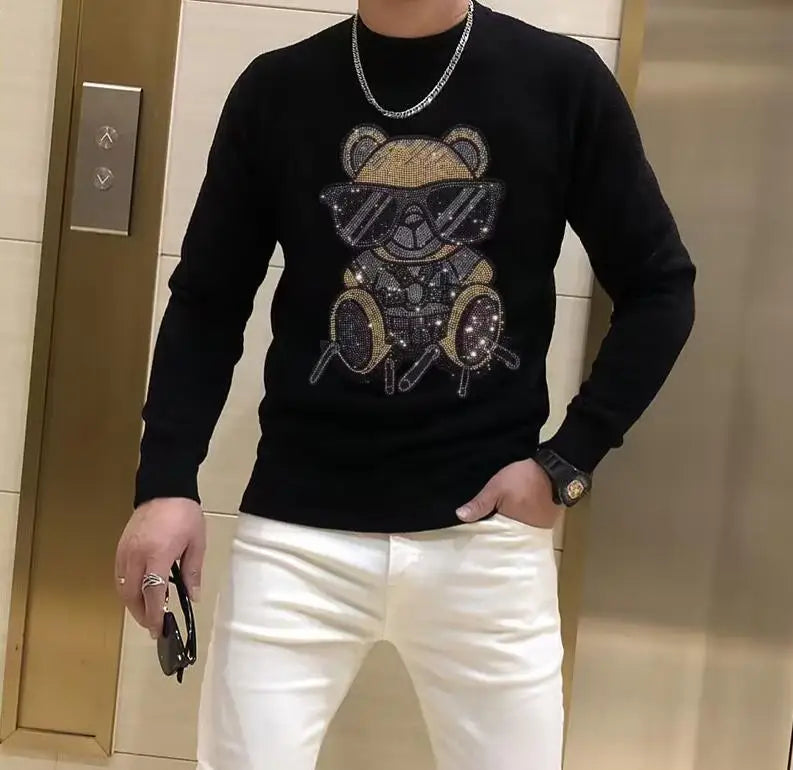 Sweater men designer new round neck luxury brand rhinestones casual top winter plush thick warm knit pullover fashion men's wear