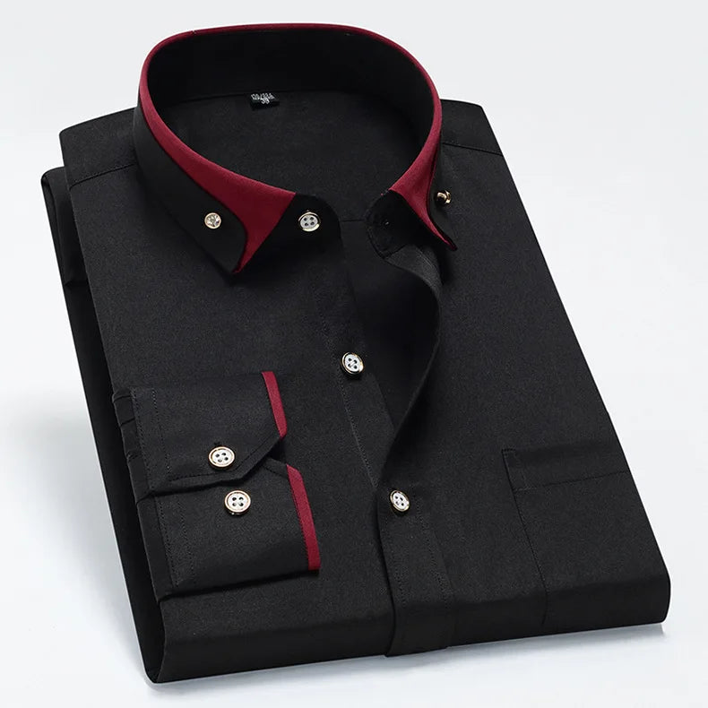 2026 Men's Long Sleeve Business Dress Shirts Solid Formal Button-Down Social Collar Camisa Elastic Anti-wrinkle Casual Men Shirt