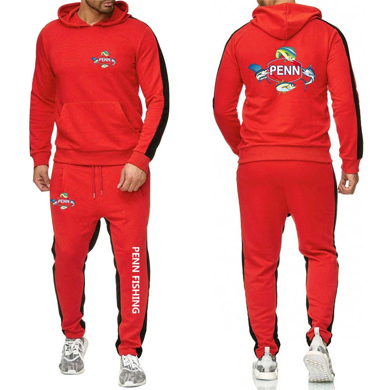2024 Men's New Penn Fishing Reel Spring and Autumn Solid Color Sweatshirt Set Casual Long-sleeved Hoodies Pants Two Piece Suit